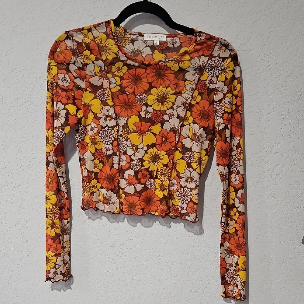 EUC Ultra Flirt Floral Long Sleeve Netting Top - Orange and Yellow